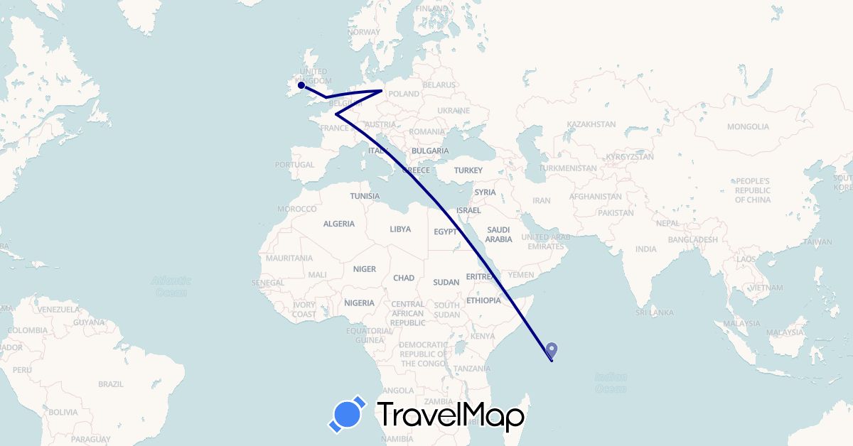 TravelMap itinerary: driving in Germany, France, United Kingdom, Ireland, Seychelles (Africa, Europe)