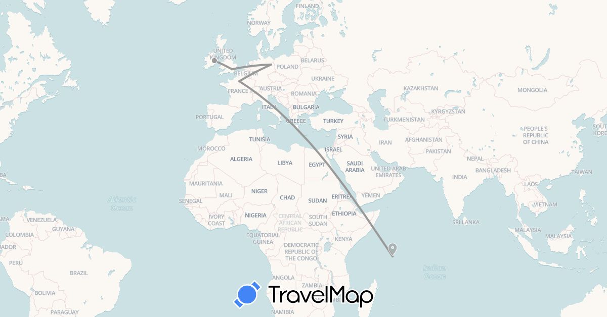 TravelMap itinerary: driving, plane in Germany, France, United Kingdom, Ireland, Seychelles (Africa, Europe)